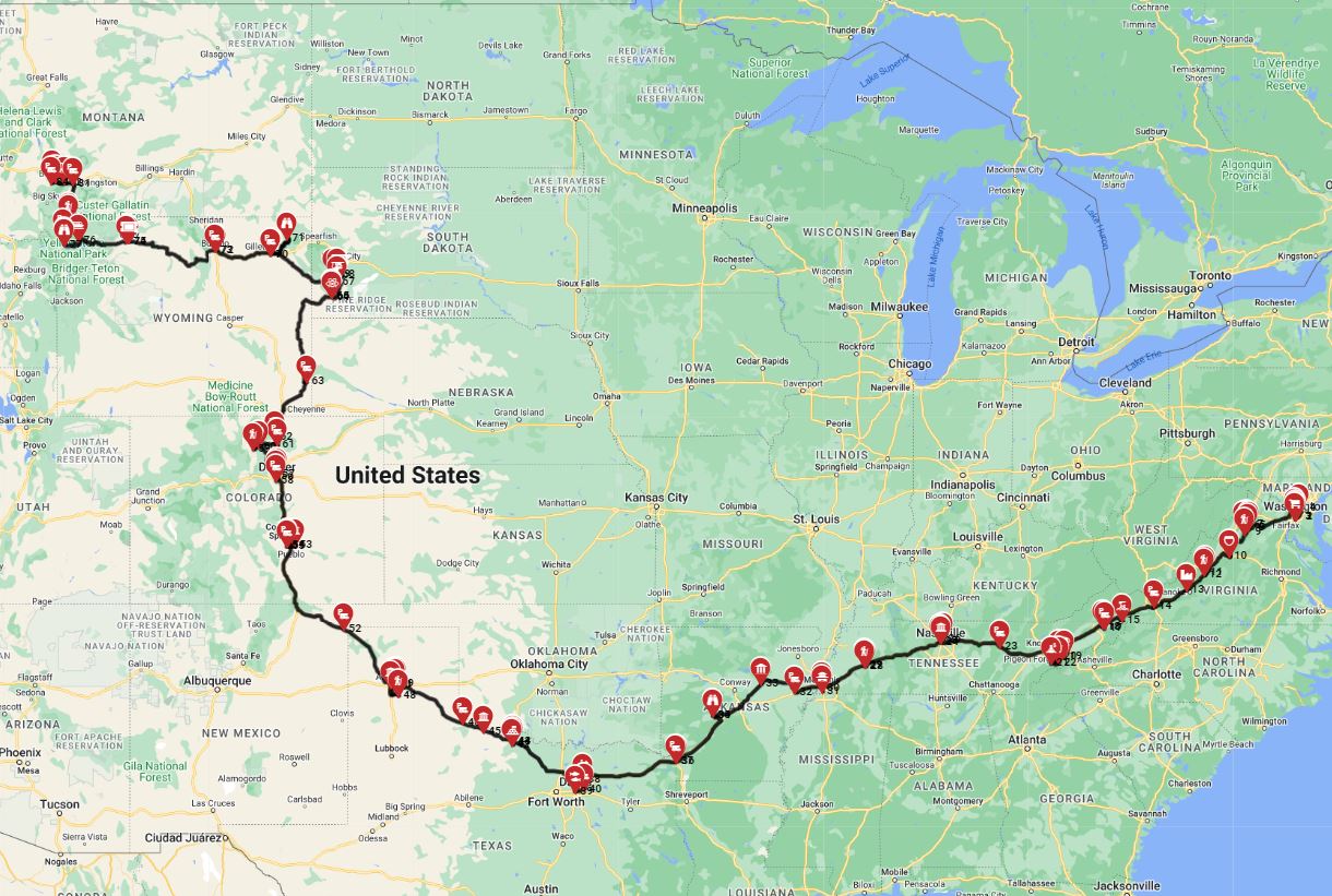 Map for Washington DC to Bozeman - Including the Yellowstone
